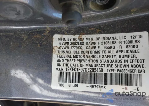 2016 Honda Civic Touring z USA, uszkodzony, nr VIN 19XFC1F97GE205460